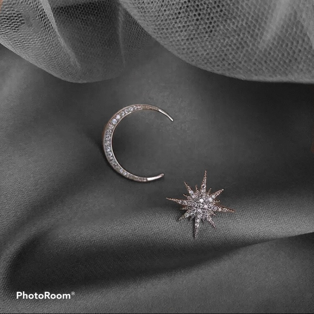 Moon And Star Silver Tone and Crystal Earrings - Picture 10 of 14